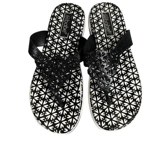 Babe Women Thong Flip Flop Size 8 Black White Floral Shoes Vacation Beach - Picture 1 of 5